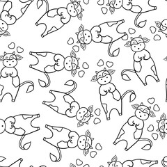 Seamless pattern with a funny cow in love with hearts, coloring page