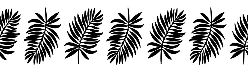 Seamless pattern. Vector horizontal border for design and decoration. Vector set of black silhouettes of tropical leaves. Horizontal frieze of exotic palm leaves isolated on a white background.