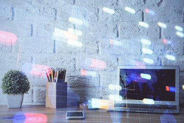 Obraz premium Double exposure of desktop with personal computer on background and tech theme drawing. Concept of data analysis.