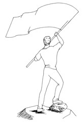 Man waving a flag at the top isolated graphic black white sketch illustration vector