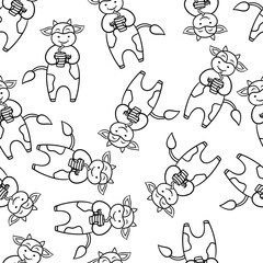 Seamless pattern with a funny cow drinking coffee or tea from a mug, coloring page