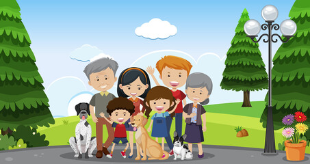 Happy big family with many members and their pet dog on park background