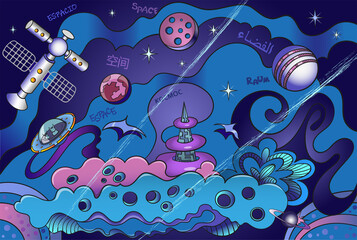 Cartoon cute doodles Space word. Comic space with planets, UFO and spaceships.