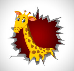 Cute giraffe coming out of cracked wall