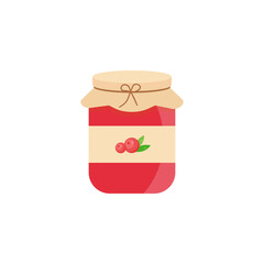 This is a glass jar of jam with a berry on a white background.