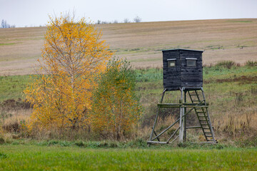 Wooden Hunters hunting tower in countryside landscape, Fall autumn season, Czech Republic, Highland, European Scenery