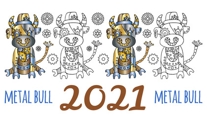 2021 year of the metal bull. Banner. Bull, Chinese zodiac symbol of 2021. Steampunk style Buffalo. Mechanical animal. Asian new year. Colored and linear gobies. Horizontal vector border