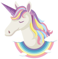 Unicorn head with rainbow mane and horn isolated on white background