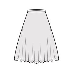 Skirt midi round technical fashion illustration with knee lengths silhouette, circular fullness, thin waistband. Flat bottom template front, grey color style. Women, men, unisex CAD mockup