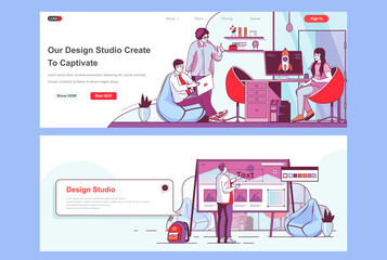 Design studio landing pages set. UI UX design, creative team workflow corporate website. Flat line vector illustration with people characters. Web concept use as header, footer or middle content.