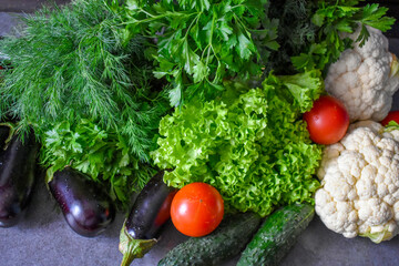 Vegetable set, eggplant, juicy salad, tomato, cucumber, cauliflower, morning, parsley