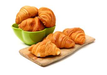 organic, healthy, eat, natural, nature, wicker, object, background, bake, bakery, basket, board, bread, breakfast, brown, bun, butter, buttered, buttery, close croissants isolated on white background 