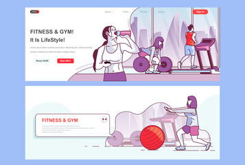Fitness gym landing pages set. Sports club, workout and training space corporate website. Flat line vector illustration with people characters. Web concept use as header, footer or middle content.