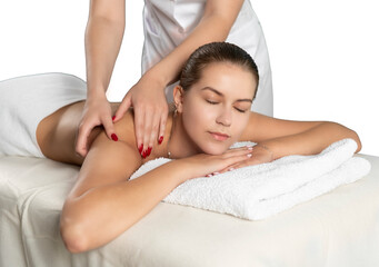 Obraz na płótnie Canvas Piękna biała kobieta podczas masażu w spa, welness.