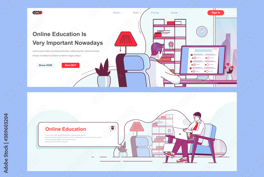 Poster online education landing pages set. distance learning, educational webinar corporate website. flat l