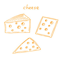 Set of cheese slices, vector illustration, hand drawing, orange