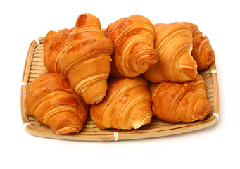 organic, healthy, eat, natural, nature, wicker, object, background, bake, bakery, basket, board, bread, breakfast, brown, bun, butter, buttered, buttery, close croissants isolated on white background 