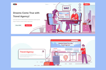 Obraz na płótnie Canvas Travel agency landing pages. Online tour reservation, booking of tickets corporate website. Flat line vector illustration with people characters. Web concept use as header, footer or middle content.