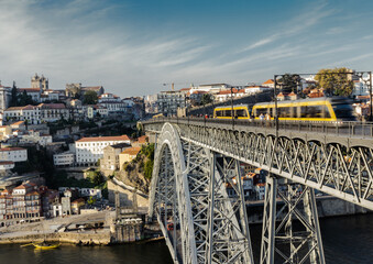 Porto, Portugal, October 16 2020: View of the historical center of Porto and the Dom Louis I Bridge.
