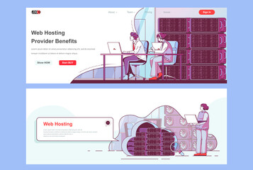 Web hosting provider landing pages set. Data center, cloud storage service corporate website. Flat line vector illustration with people characters. Web concept use as header, footer or middle content.