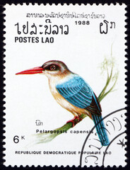 Postage stamp Laos 1988 stork-billed kingfisher, bird