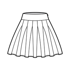 Skirt rah-rah Cheer technical fashion illustration with above-the-knee lengths silhouette, thick waistband. Flat bottom template front, white color style. Women, men, unisex CAD mockup