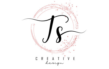 Handwritten TS T S letter logo with sparkling circles with pink glitter.