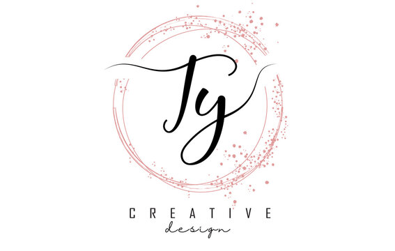 Handwritten TY T Y letter logo with sparkling circles with pink glitter.
