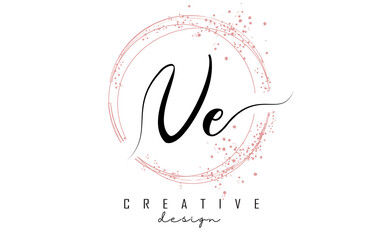 Handwritten VE V E letter logo with sparkling circles with pink glitter.