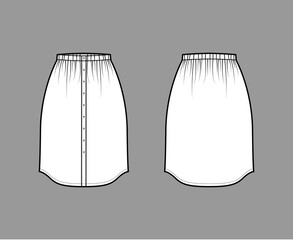 Skirt button down dirndl technical fashion illustration with straight knee silhouette, pencil fullness. Flat bottom template front, back, white color style. Women, men, unisex CAD mockup