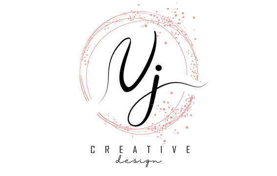 Handwritten VJ V J letter logo with sparkling circles with pink glitter.