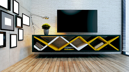 Modern tv unit for modern office or homes design with brick and concrete wall idea 3D rendering