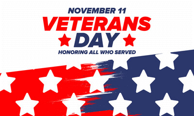 Veterans Day in United States. Federal holiday, celebrated annual in November 11. Honoring all who served. Patriotic american military concept. Poster, card, banner and background. Vector illustration