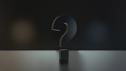 Question marks under spot light concept in dark empty room 3D rendering