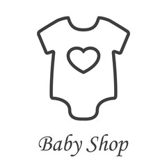 Boutique de ropa de bebé. Logotipo con texto Baby Shop y camiseta de bebé con corazón en líneas de color gris