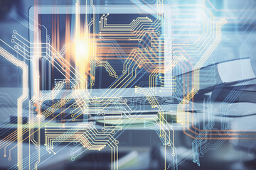 Double exposure of desktop with computer and world map hologram. International data network concept.