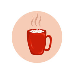 Cup or mug with hot drink icon. Cocoa, hot chocolate or coffee with marshmallow. Christmas and winter warm beverage. Vector illustration.