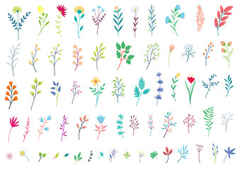 Fototapeta na wymiar Big set of simple vector leaves, twigs and flowers,. Flat design