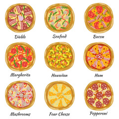 Pizza icon set. Top view. Different Italian pizzas for menu design: pepperoni, hawaiian, cheese, margherita, seafood, mushrooms. Vector illustration.