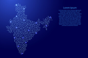 India map from blue pattern of the maze grid and glowing space stars grid. Vector illustration.