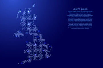 Great Britain map from blue pattern of the maze grid and glowing space stars grid. Vector illustration.