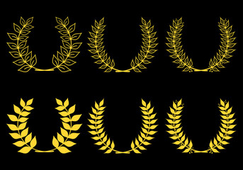 Laurel wreath set with golden branches and leaves. Award and victory icon. Heraldic symbol. Vector illustration.