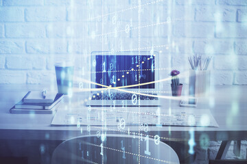 Double exposure of desktop computer and technology theme hologram. Concept of software development.