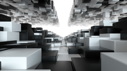 Abstract geometric tunnel made of black and white cubes with random movement. 3d illustration