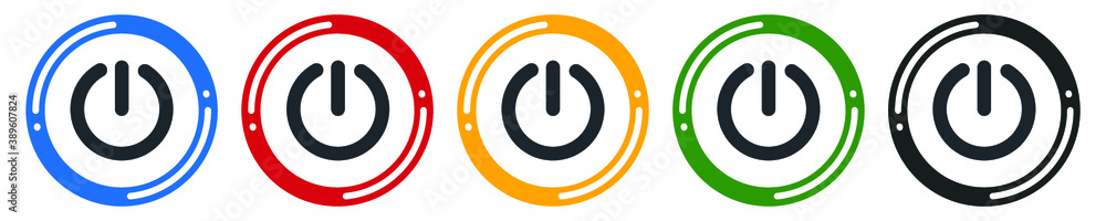 Poster start power button icon set. flat design vector illustration in 5 colors options for web design