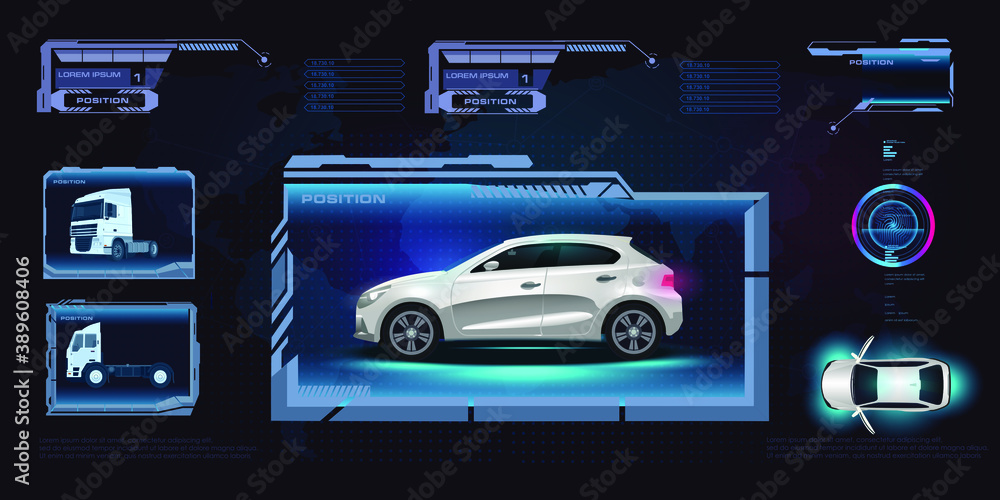 Poster hud style car interface. holographic panel with car. setting up the electronic system of the car. di