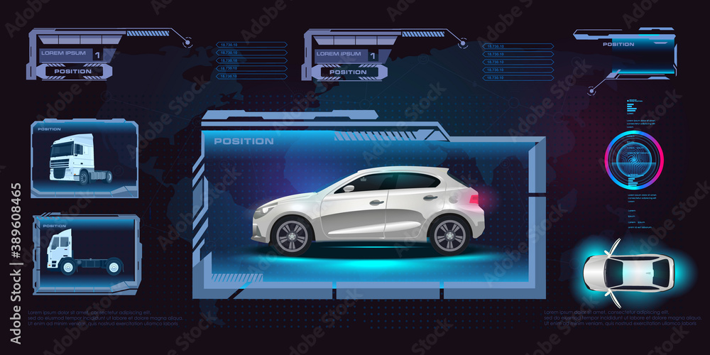 Poster hud style car interface. holographic panel with car. setting up the electronic system of the car. di