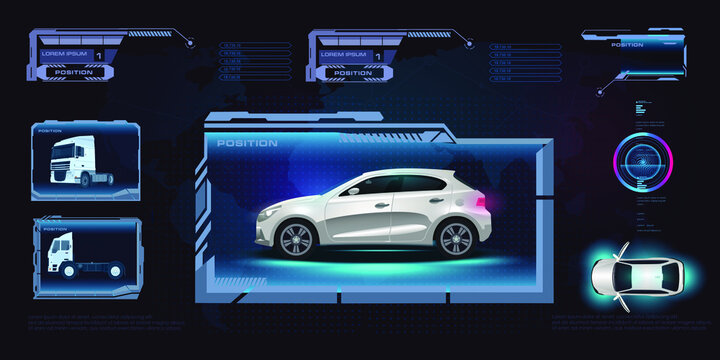 HUD style car interface. Holographic panel with car. Setting up the electronic system of the car. Diagnostics analysis maintenance. Vector car