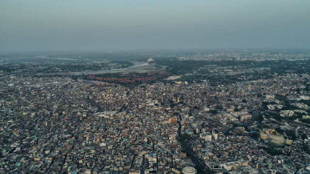 Aerial shot of densely-populated Agra city