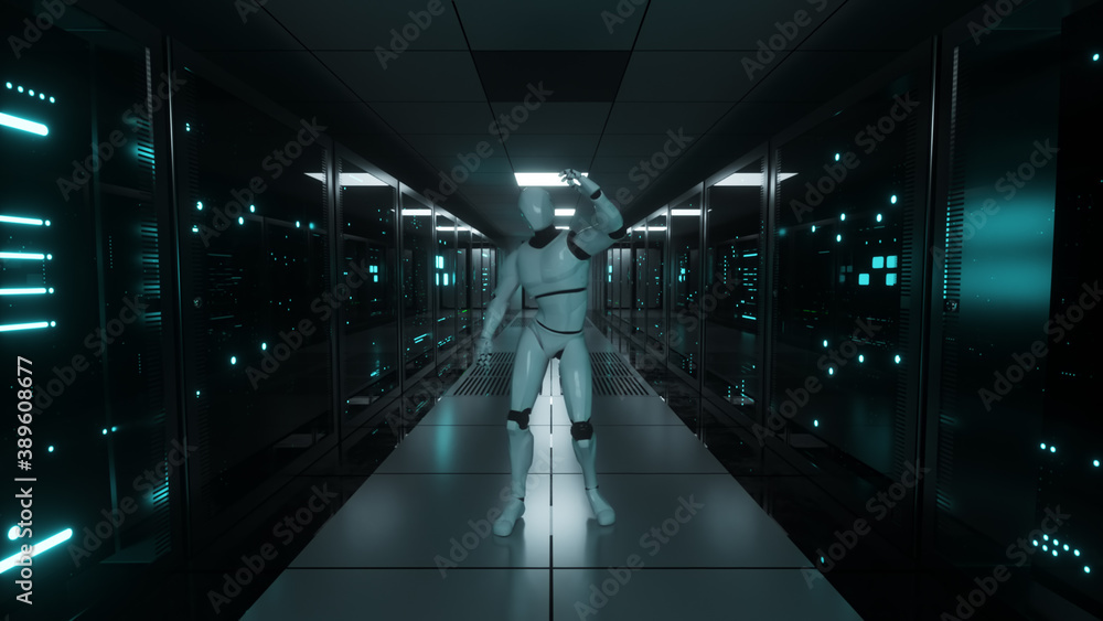 Aufkleber dancing robot in the server room. data servers behind glass panels in the server room of the data ce